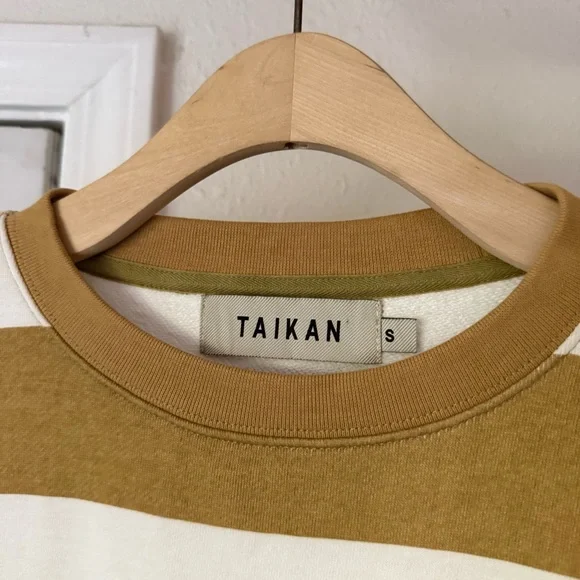 TAIKAN white mustard yellow striped cotton crew neck long sleeve pullover shirt